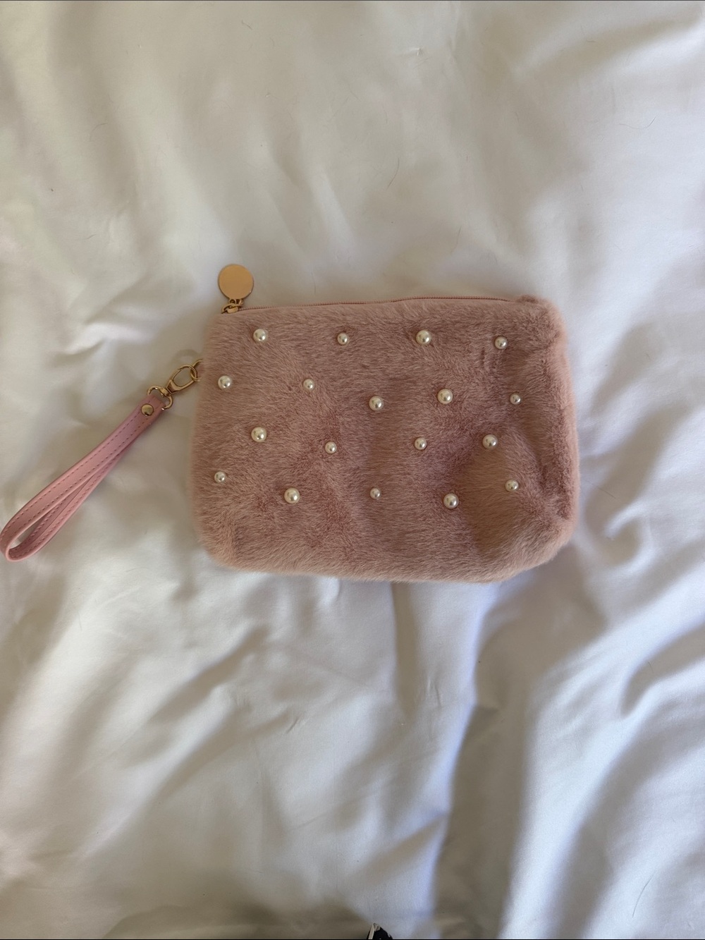 Pink Faux Fur Pearl Wristlet Clutch Makeup Bag